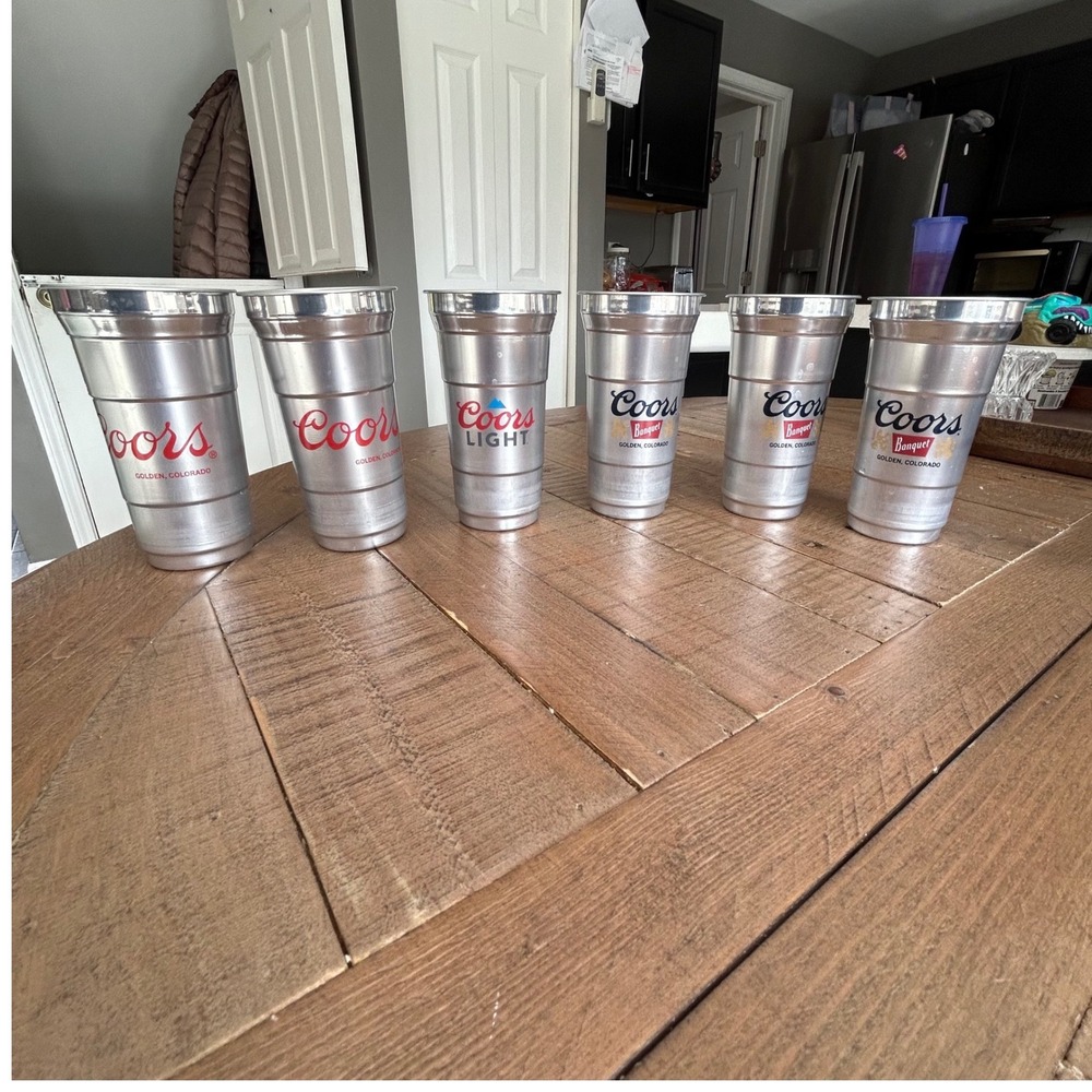 Coors Banquet and Coors Light Reusable Aluminum Cups Set of 6 Silver Ball Metal